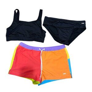 Humankind 3-Piece Swimsuit Set Swim Trunk Top Brief Black Colorblock Rainbow